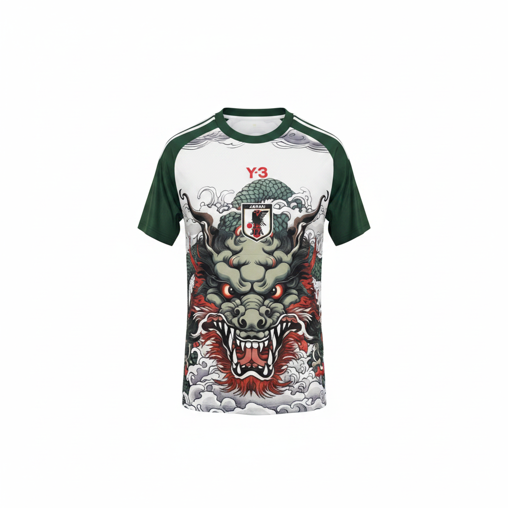 Men's white and green ferocious dragon face raglan football jersey ghost mannequin front view