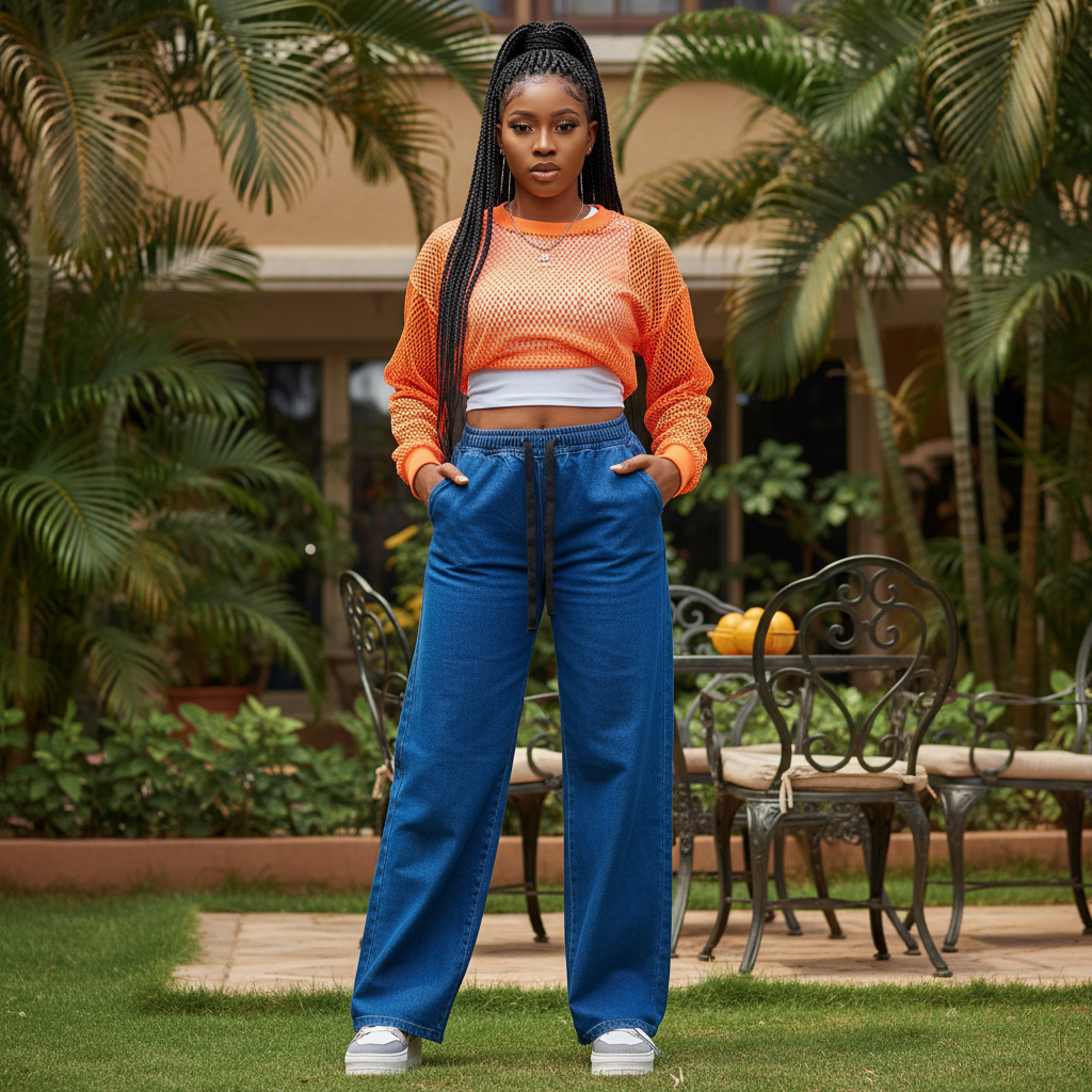 Women's Royal Blue Drawstring Wide-Leg Denim Jeans – Nigerian Model Shot
