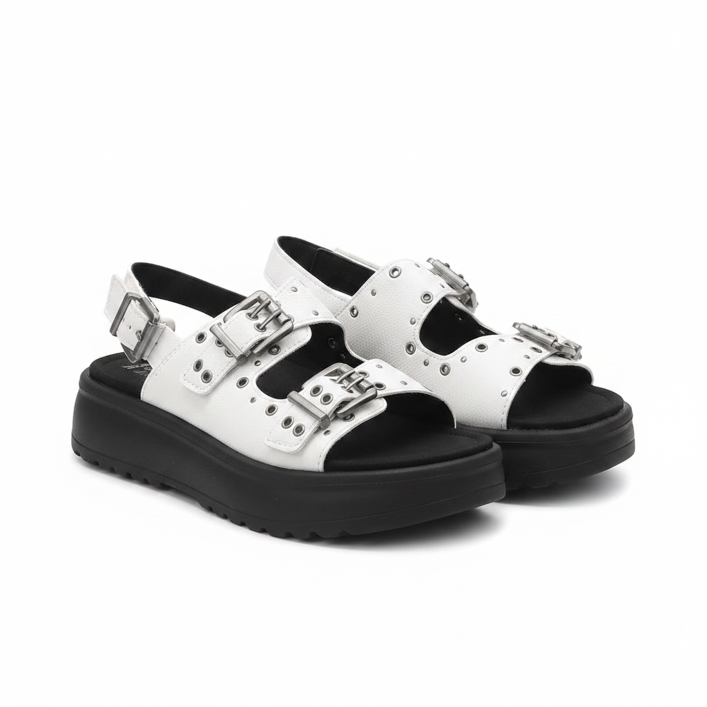 Women's white double buckle studded platform sandal ghost mannequin pair view
