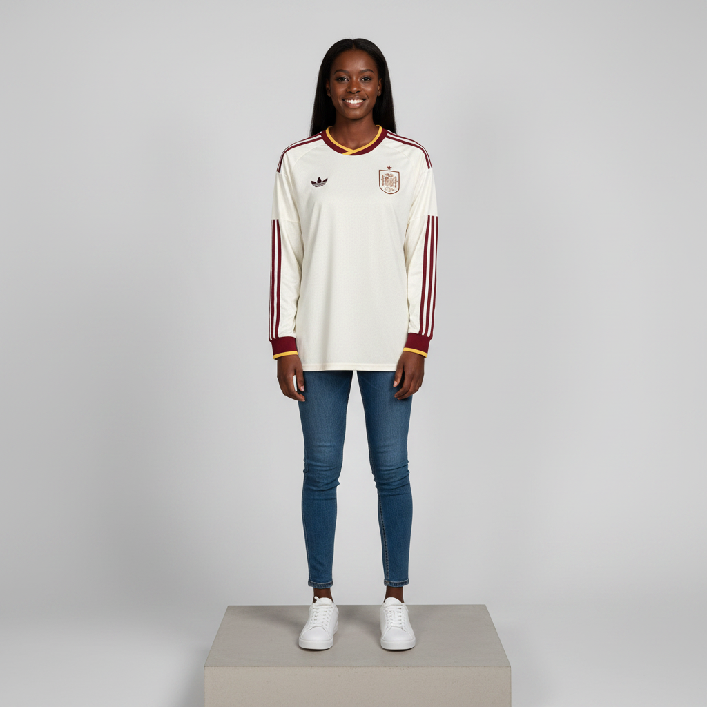 Nigerian female model wearing cream maroon gold long sleeve football jersey on concrete plinth