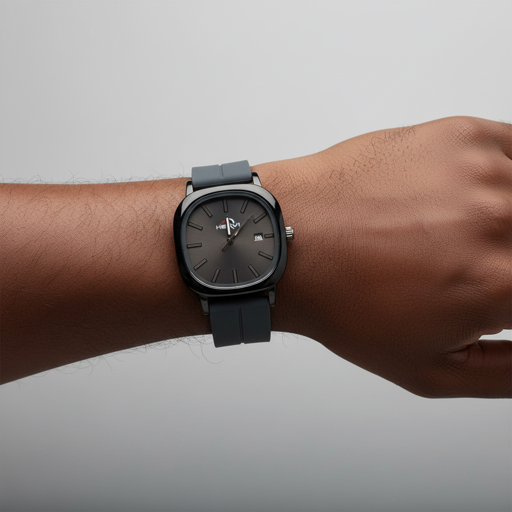 Black minimalist wristwatch worn on a Black man's wrist