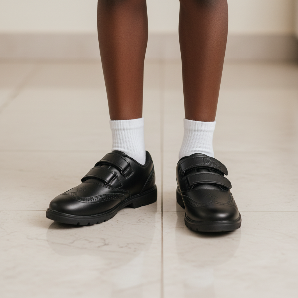 Layinka Teens Velcro Brogue School Shoe – Model Shot
