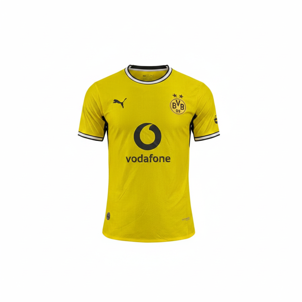 Bright yellow football jersey ghost mannequin front view - black side panels, tipped collar and cuffs, dark crest badge