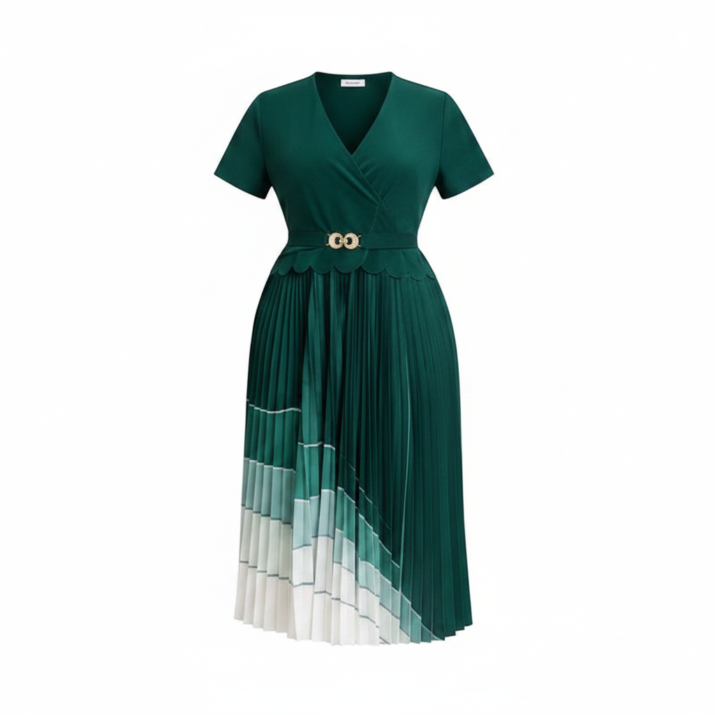 Women's Colour-Block Pleated Midi Dress - Ghost Mannequin Emerald Green