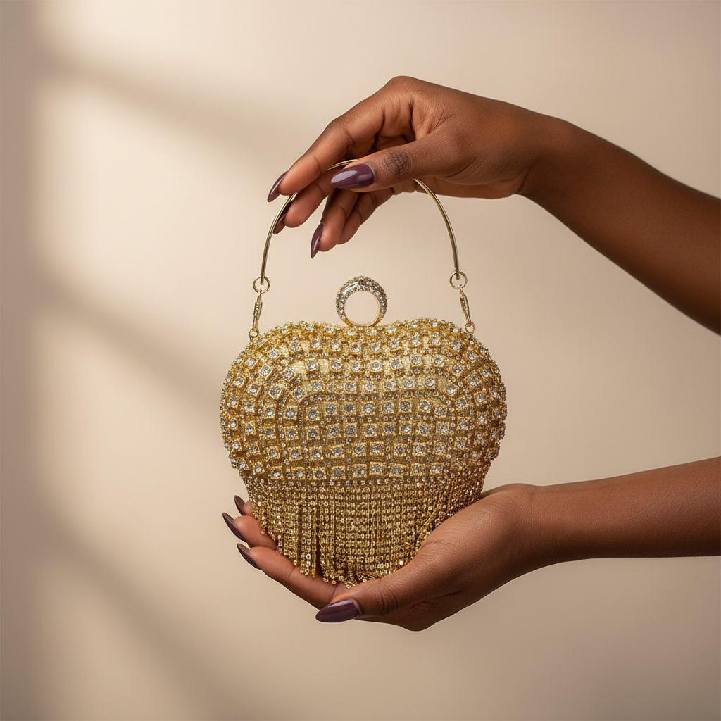 Crystal Heart Rhinestone Evening Clutch – Model Shot with Polished Nails