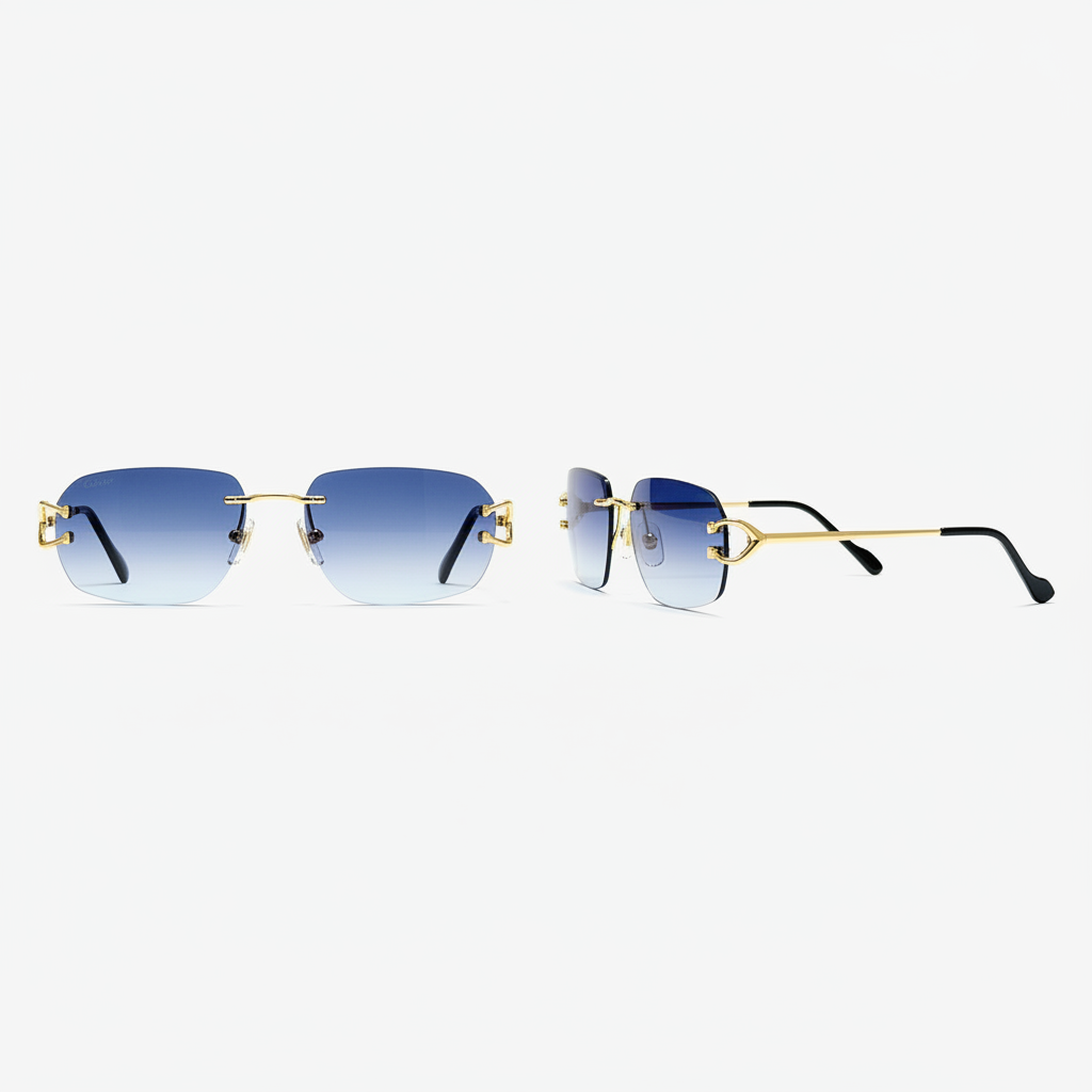 Unisex rimless rectangular sunglasses gradient blue lens slim gold ornate bridge black acetate tip temple arms – front and side view