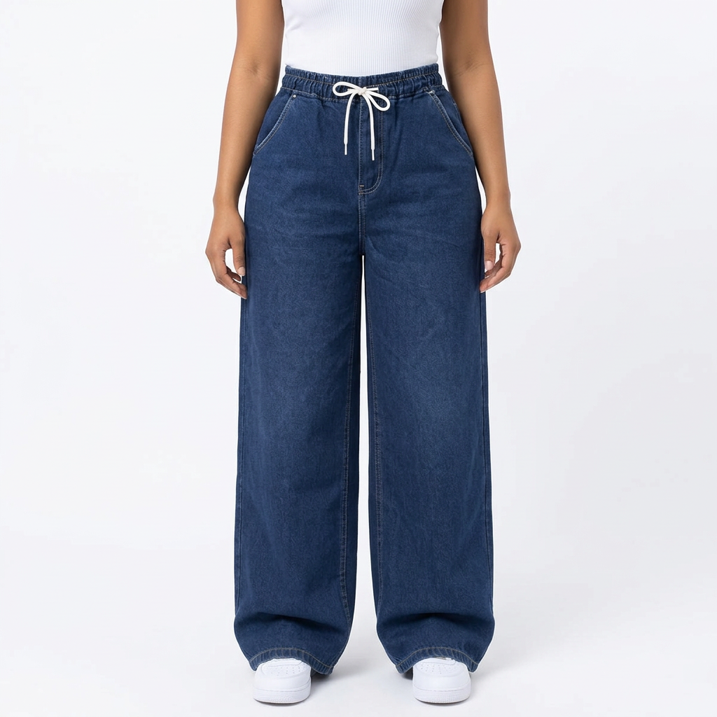 Women's dark blue wide-leg jeans styled with a white top and trainers