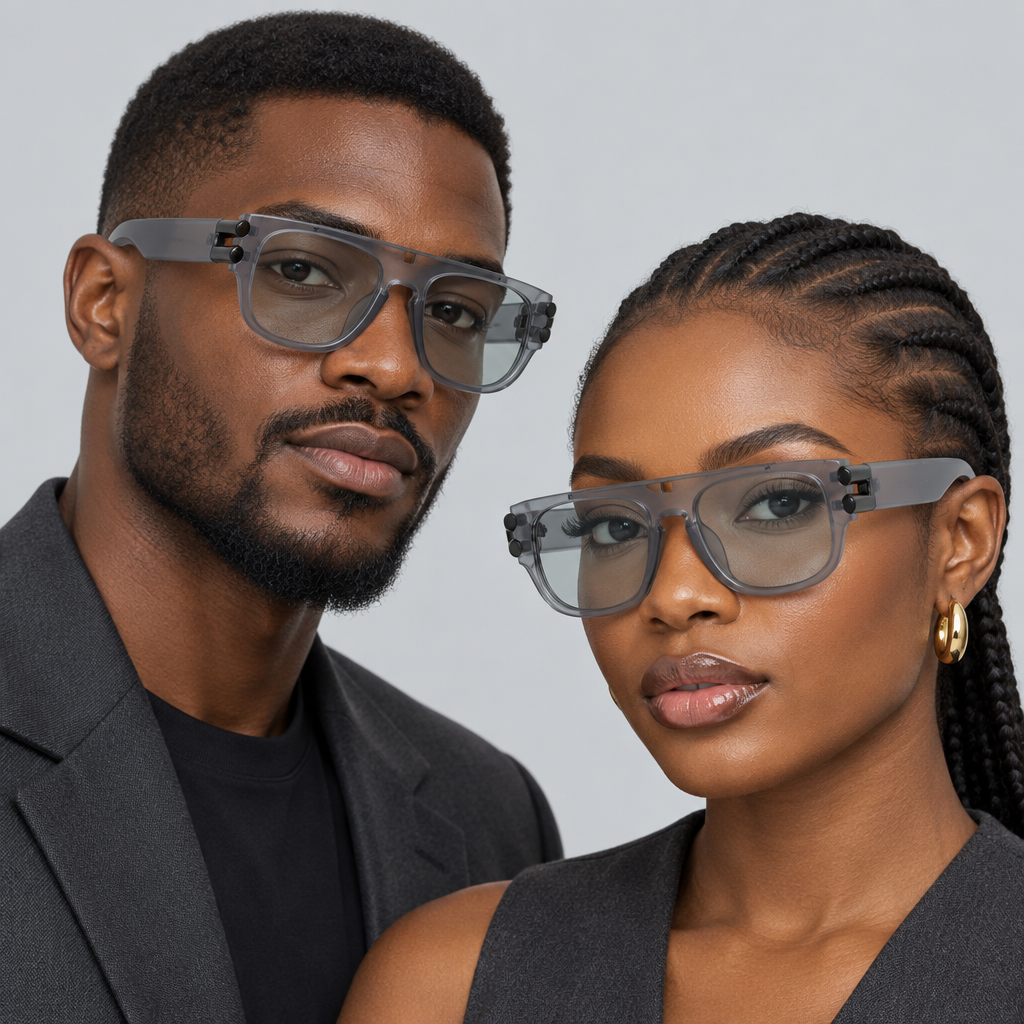 AI-generated adults wearing smoke-grey flat-top square sunglasses