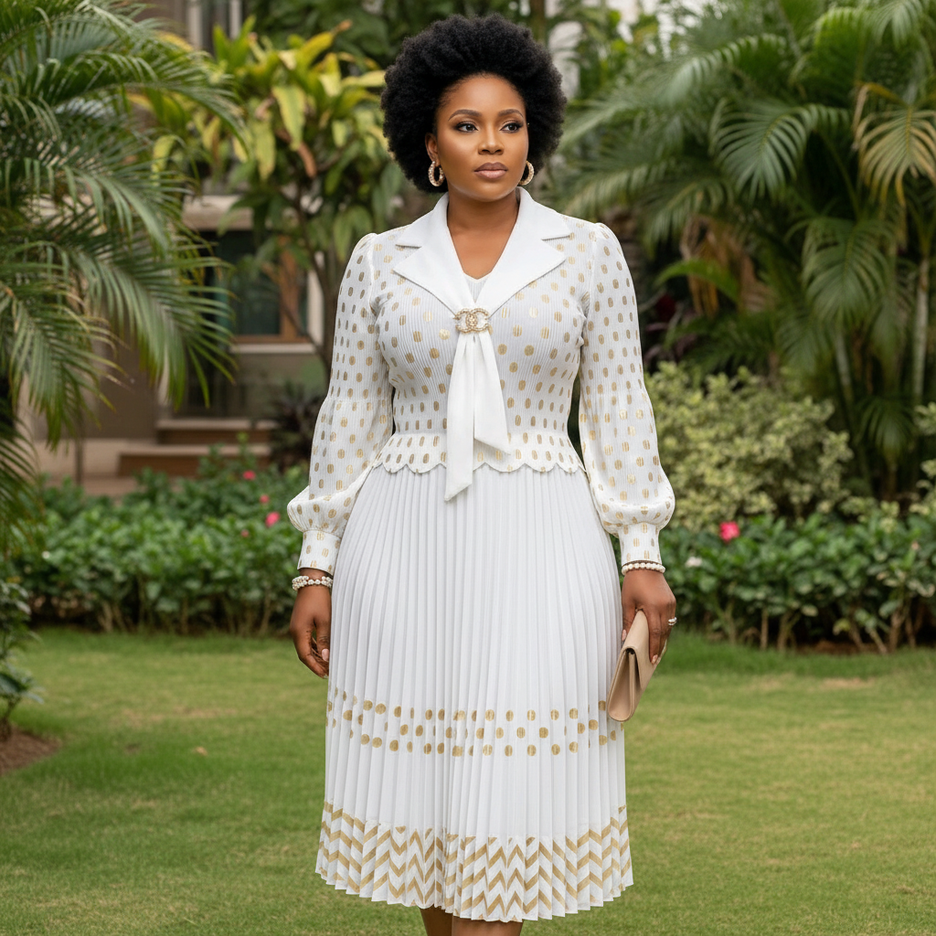 Women's White & Gold Polka Dot Pleated Midi Skirt Suit Set - Model Front View