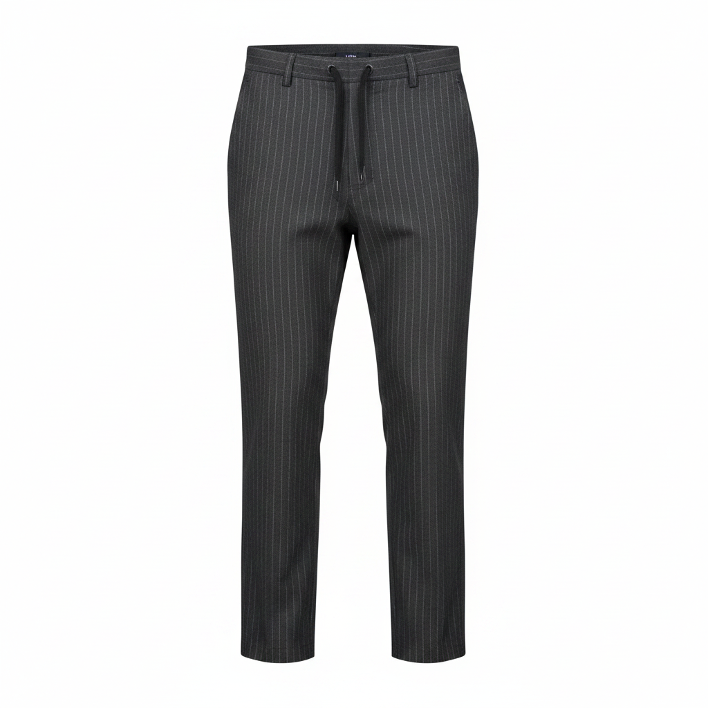 Dark grey pinstripe trousers on ghost mannequin, white background