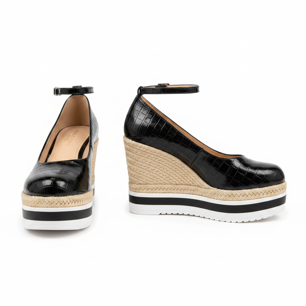 Pair of black croc-embossed patent leather ankle-strap espadrille wedge pumps with striped platform sole on white background