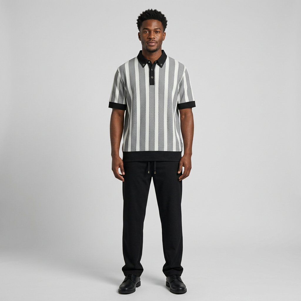 Nigerian man wearing grey striped polo and black trouser set
