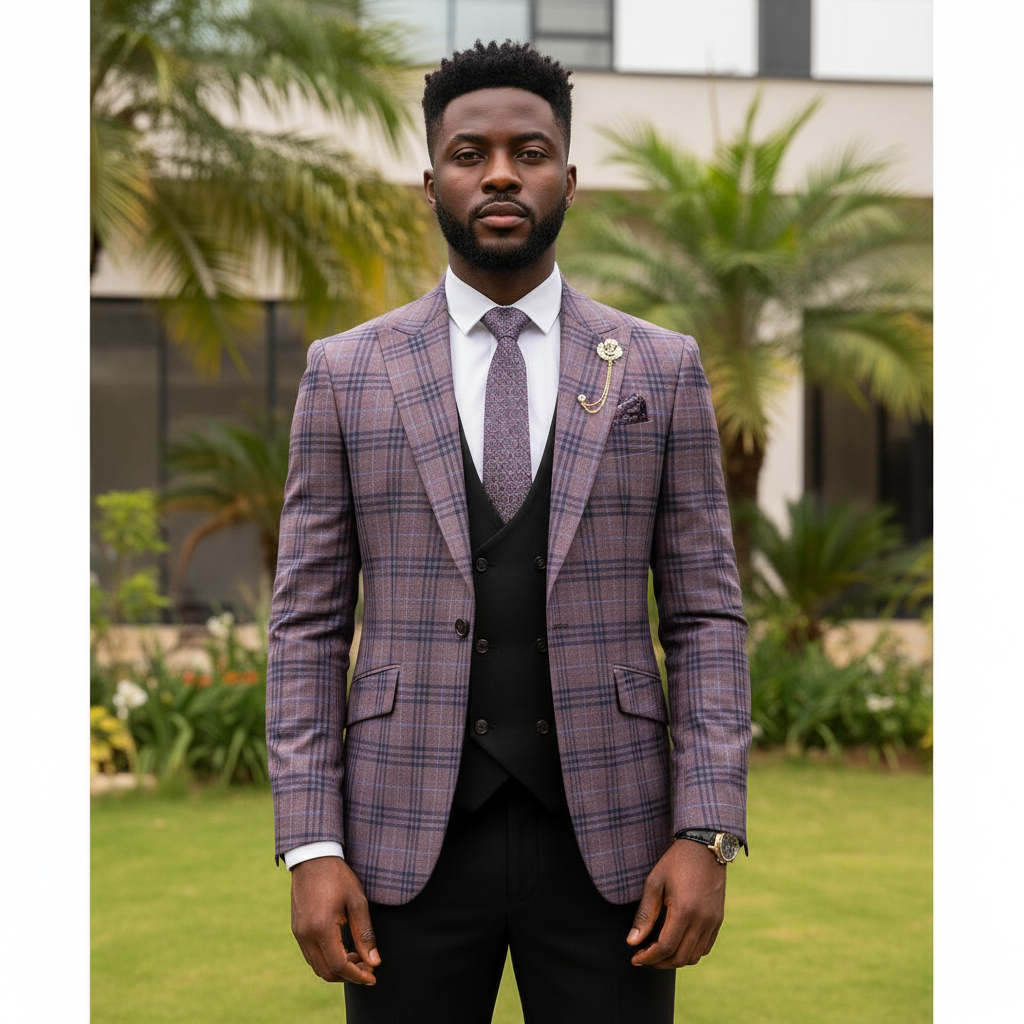 Nigerian male model wearing mauve purple glen plaid three-piece suit
