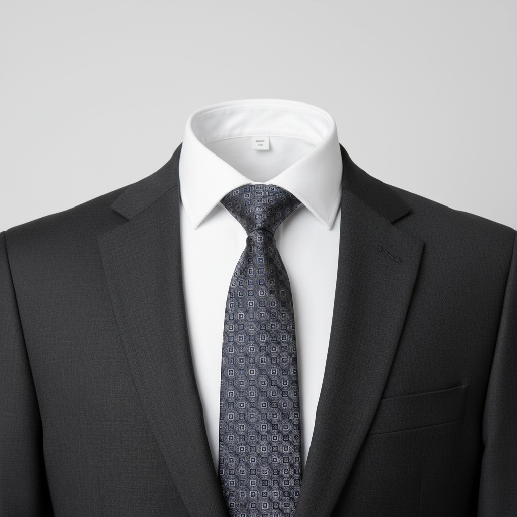 Men's dark charcoal grey tonal geometric diamond dot woven necktie on ghost mannequin with white shirt and charcoal suit