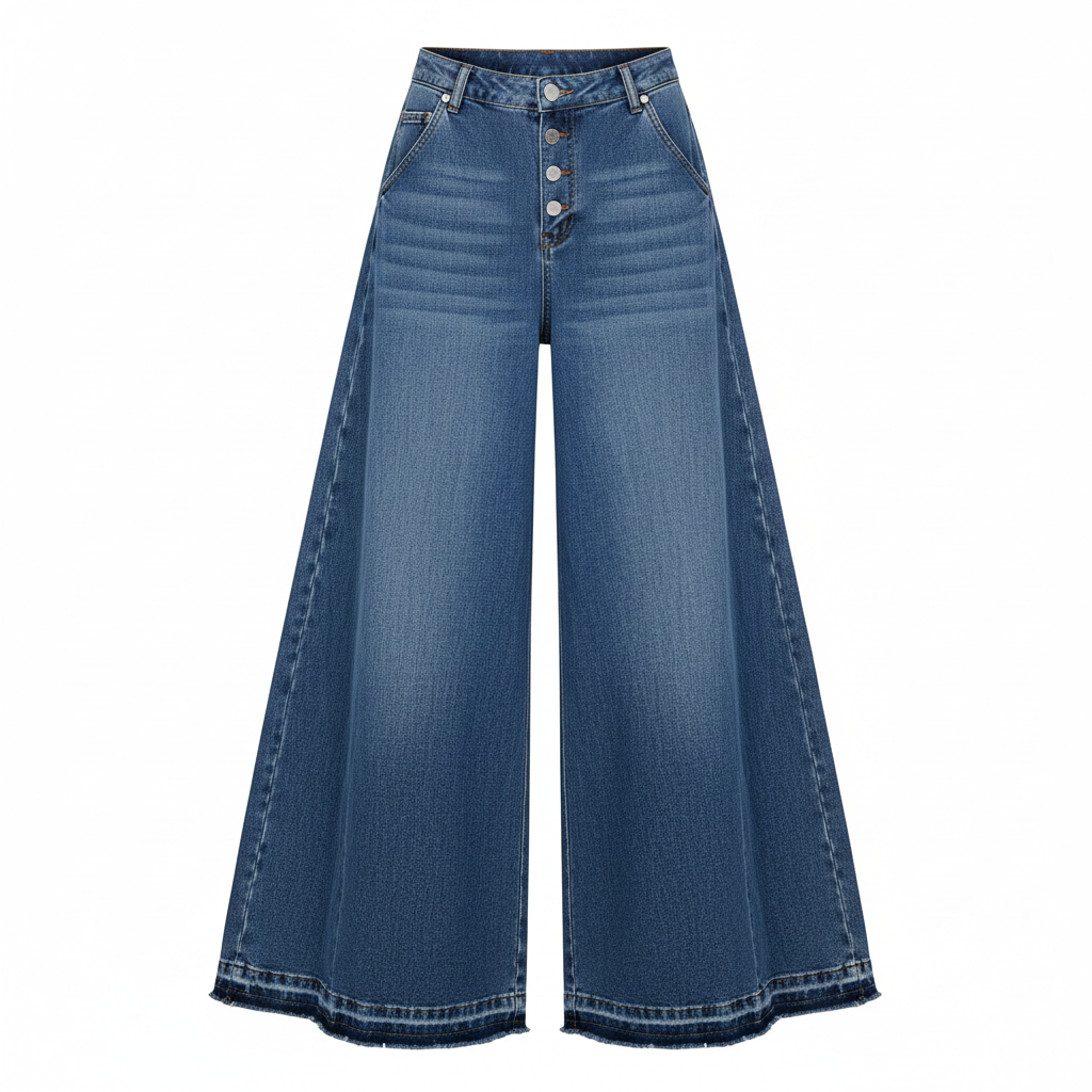 Women's medium blue ultra wide-leg baggy denim jeans on ghost mannequin, white background