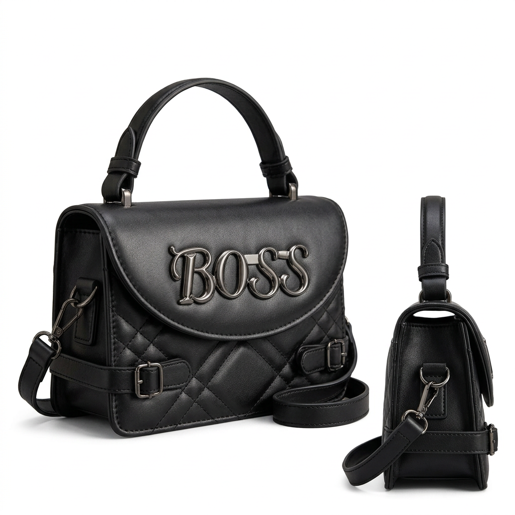 Black quilted handbag front and visible side angles together on white