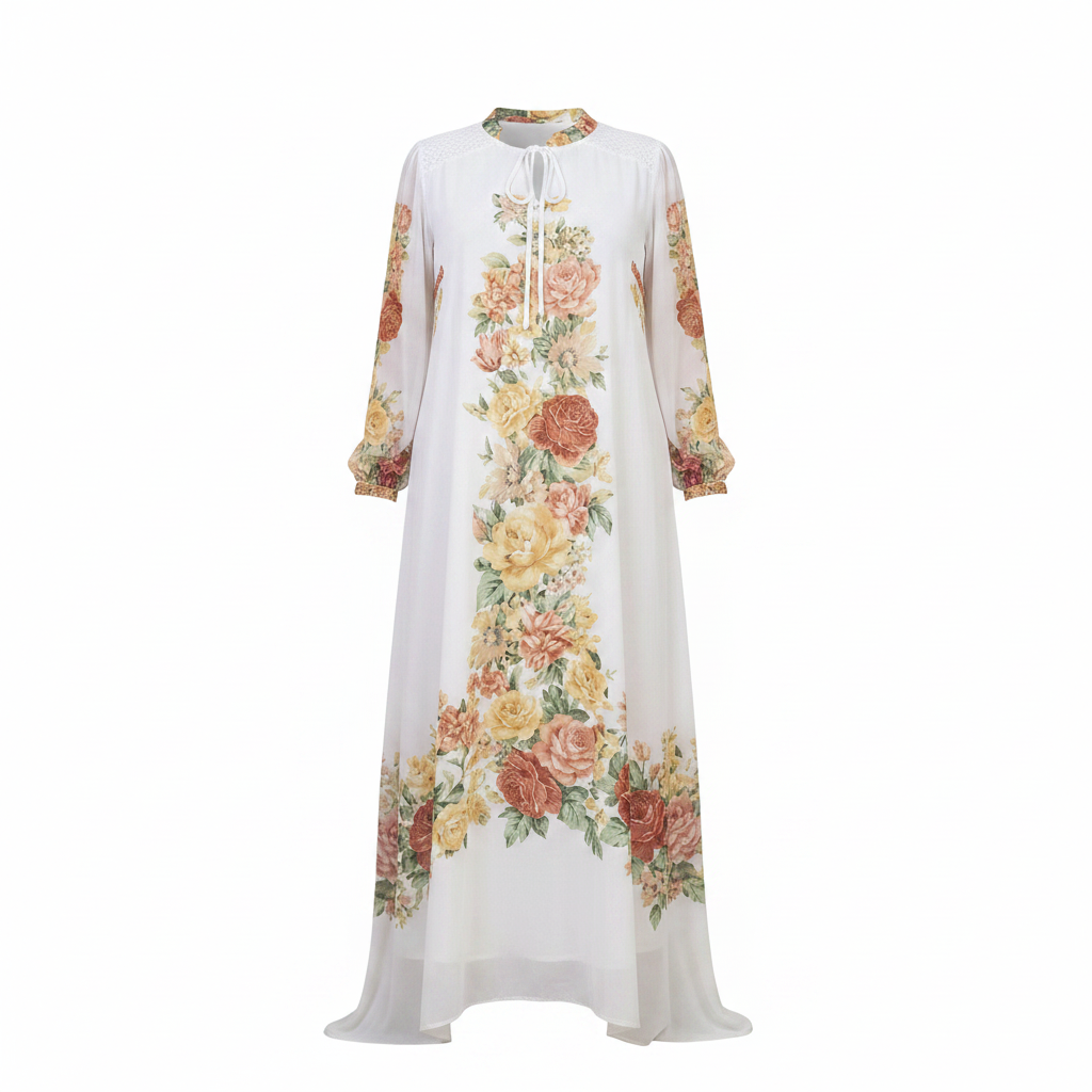 Women's White Floral Maxi Dress — ghost mannequin front view