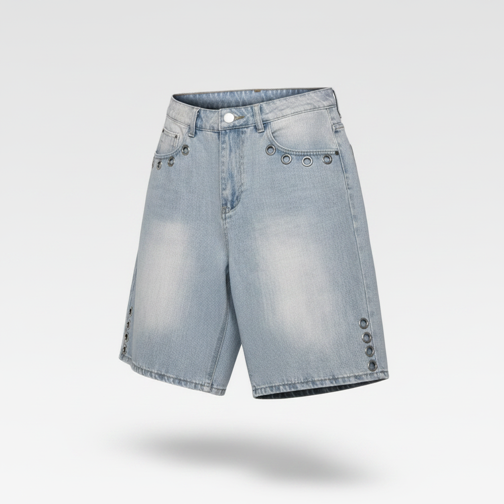 Light wash eyelet denim shorts invisible mannequin view