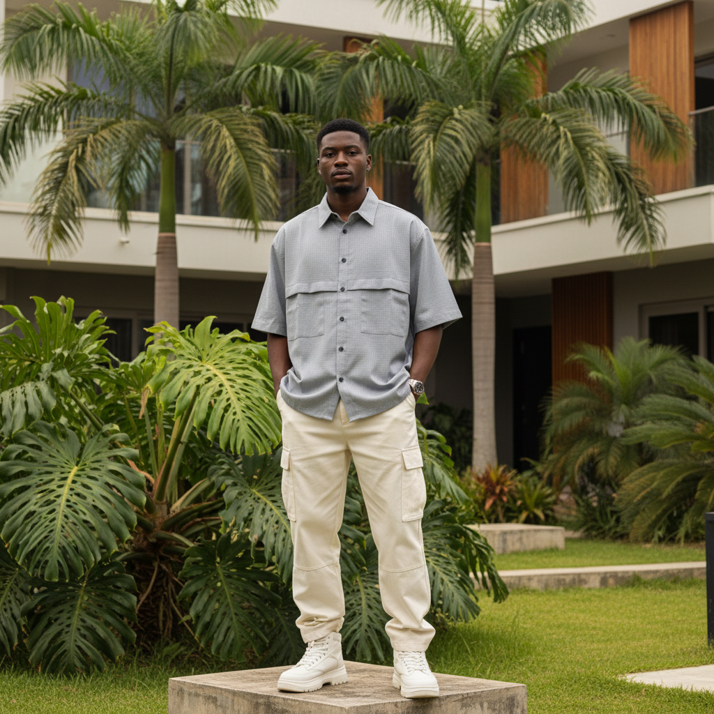 Nigerian male model wearing light slate grey grid-textured utility shirt — full body street style