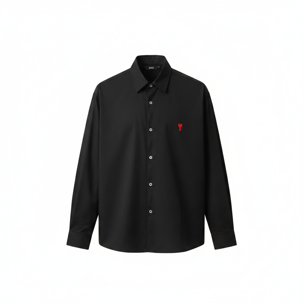 Men's black long-sleeve button-up shirt with red embroidered heart logo, ghost mannequin front view