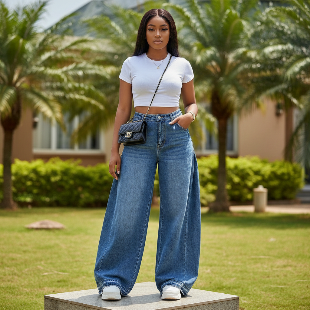 Nigerian female model wearing women's medium blue ultra wide-leg baggy denim jeans, garden setting