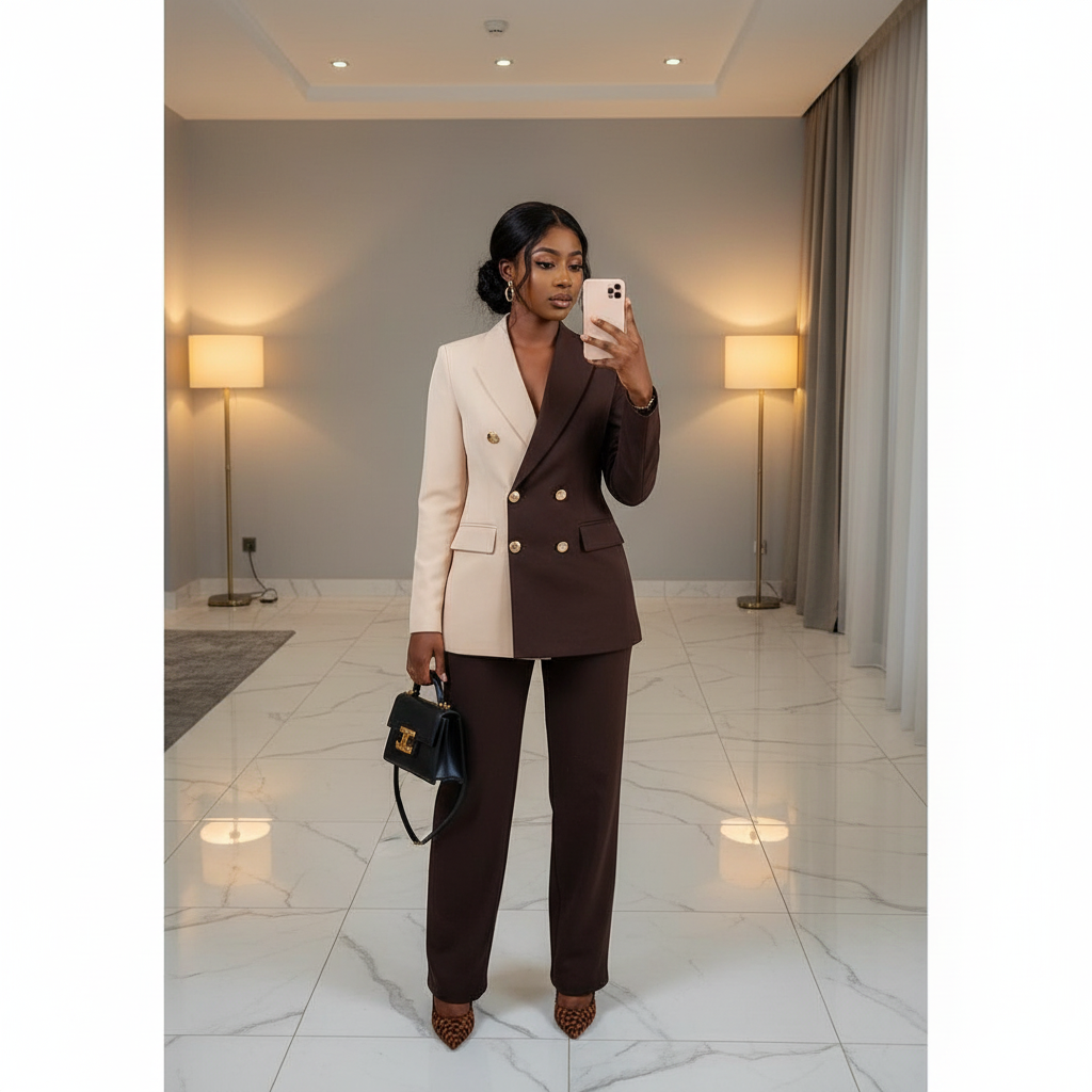 Steezu Cream & Chocolate Two-Tone Colour-Block Blazer Trouser Suit – Model Shot