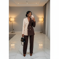 Steezu Cream & Chocolate Two-Tone Colour-Block Blazer Trouser Suit – Model Shot