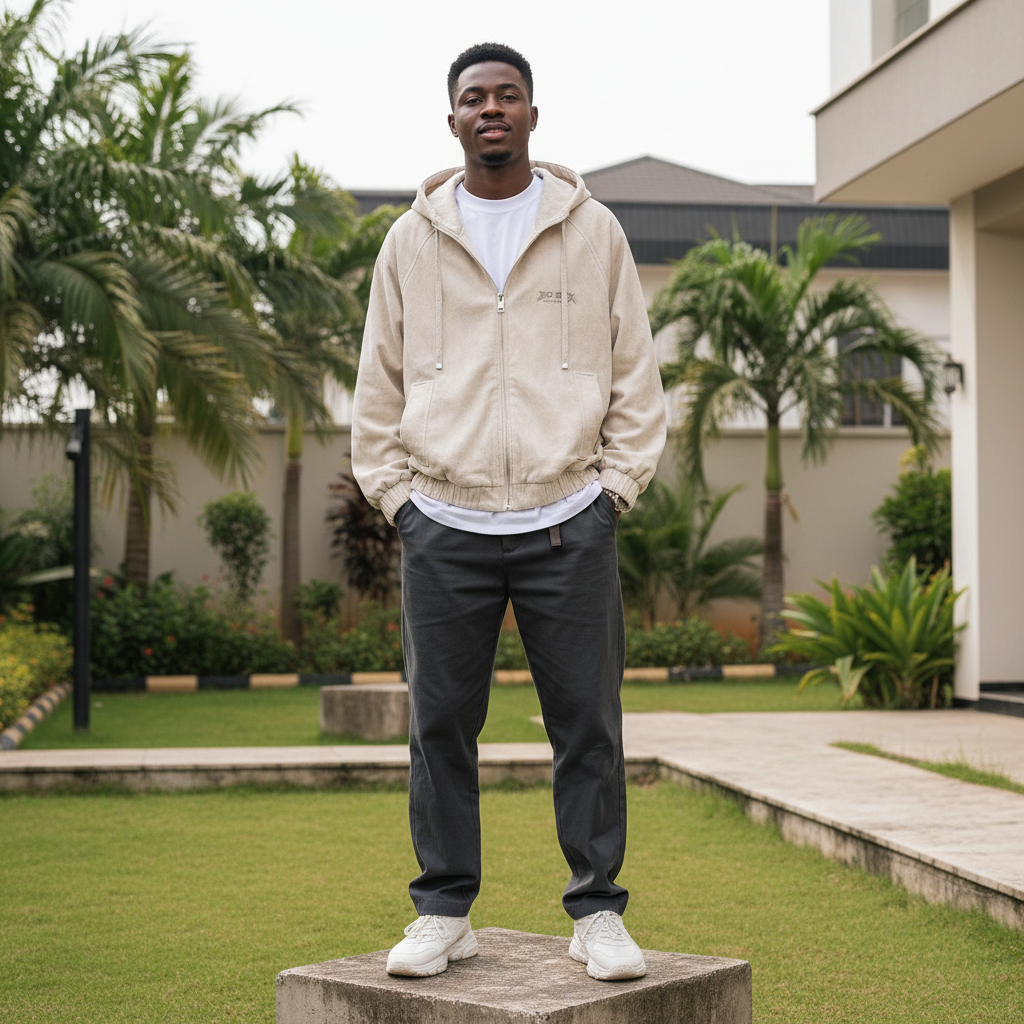Men's Beige Oversized Zip-Up Hoodie Jacket – Nigerian Male Model