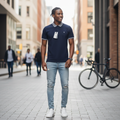 Navy Anchor Embroidery Striped Collar Polo on Nigerian male model