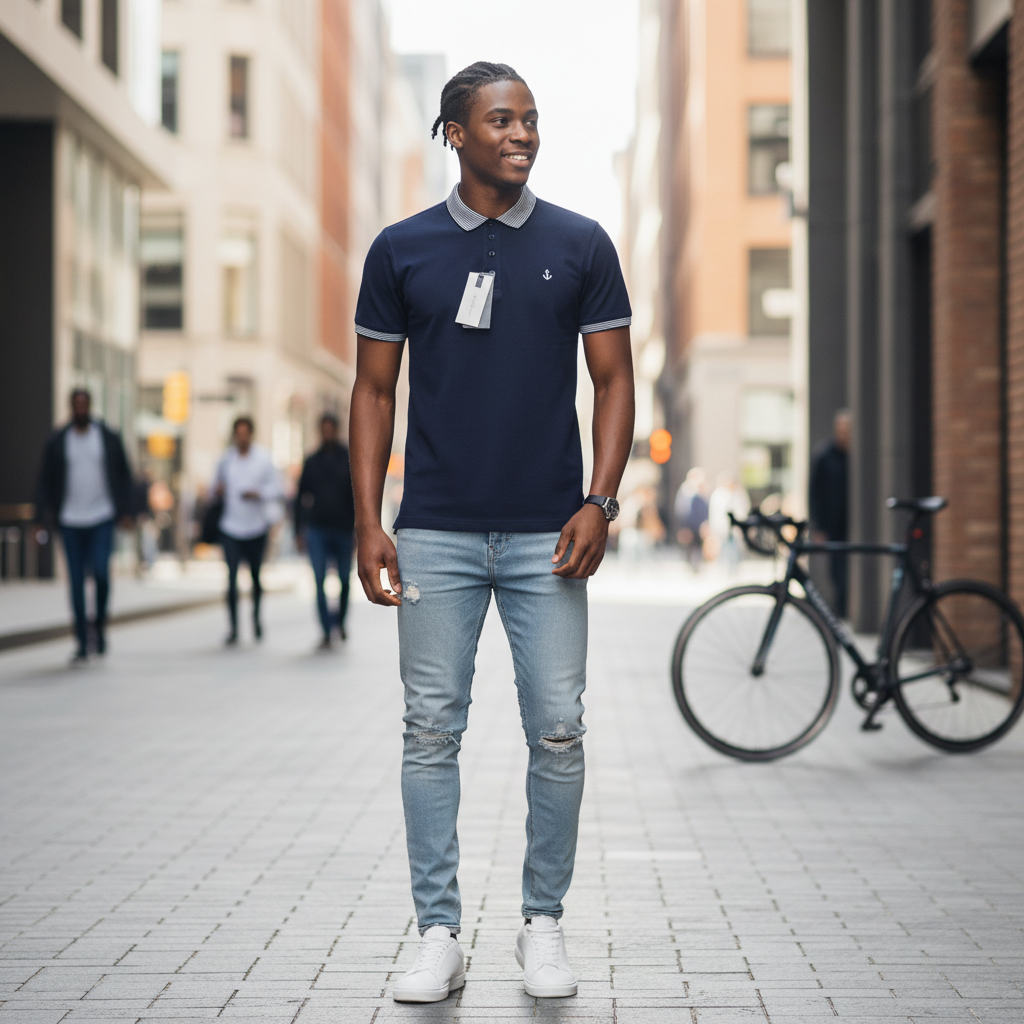 Navy Anchor Embroidery Striped Collar Polo on Nigerian male model