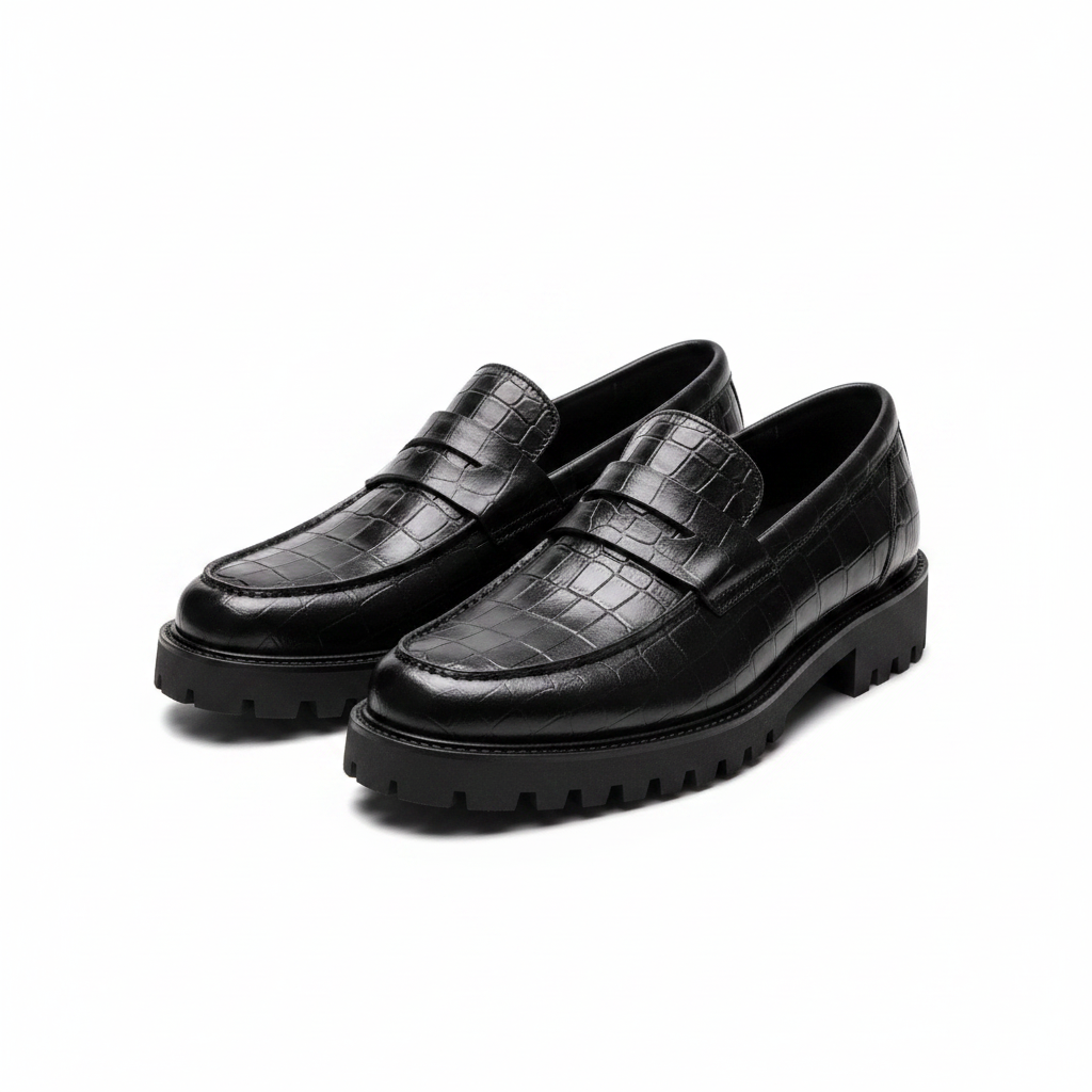 Men's black square-embossed leather penny loafer ghost mannequin pair