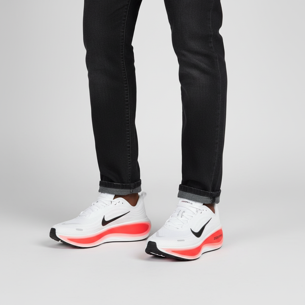 Black Nigerian model wearing ZOOMX white sneakers with red sole
