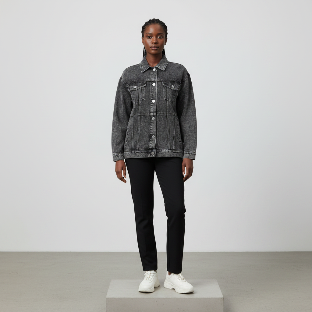 Charcoal Grey Acid Wash Denim Jacket - Model Front View