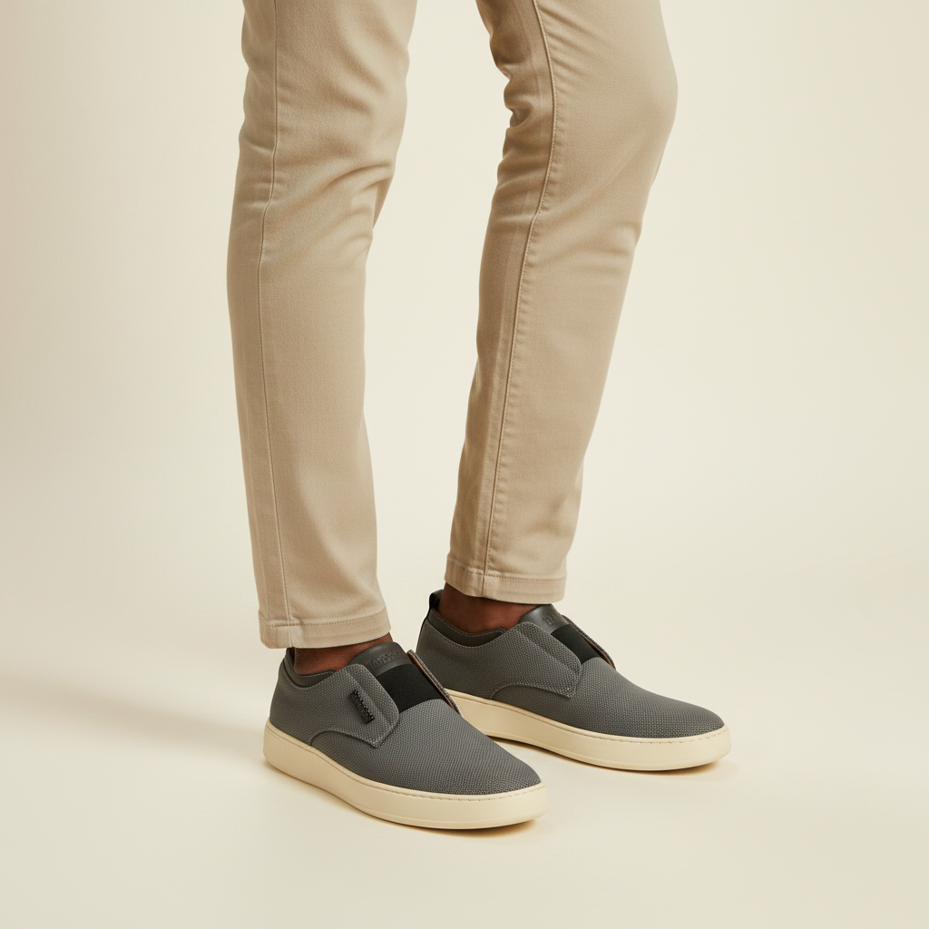Man wearing grey mesh slip-on sneakers with stone beige chinos