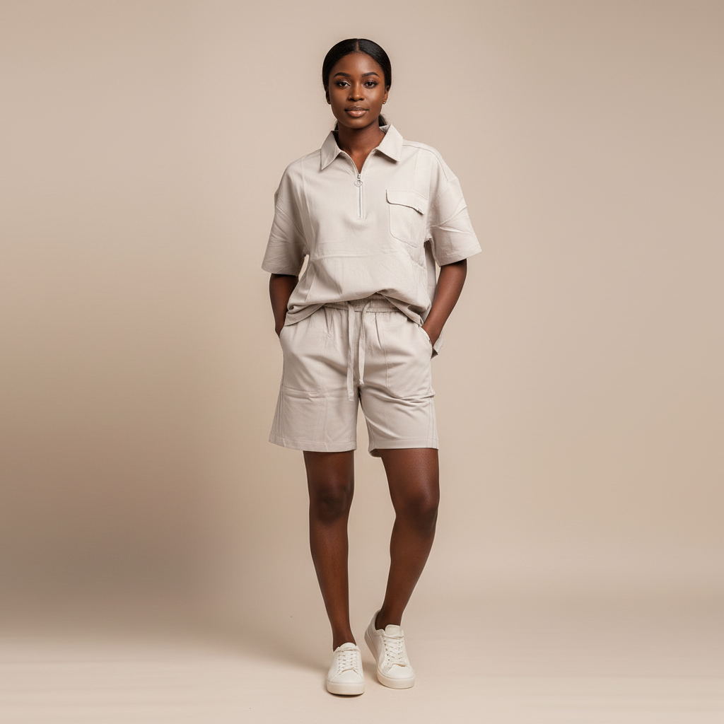 Stone Panel Polo Set – Female Model Shot