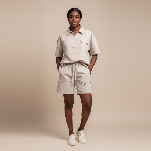 Stone Panel Polo Set – Female Model Shot