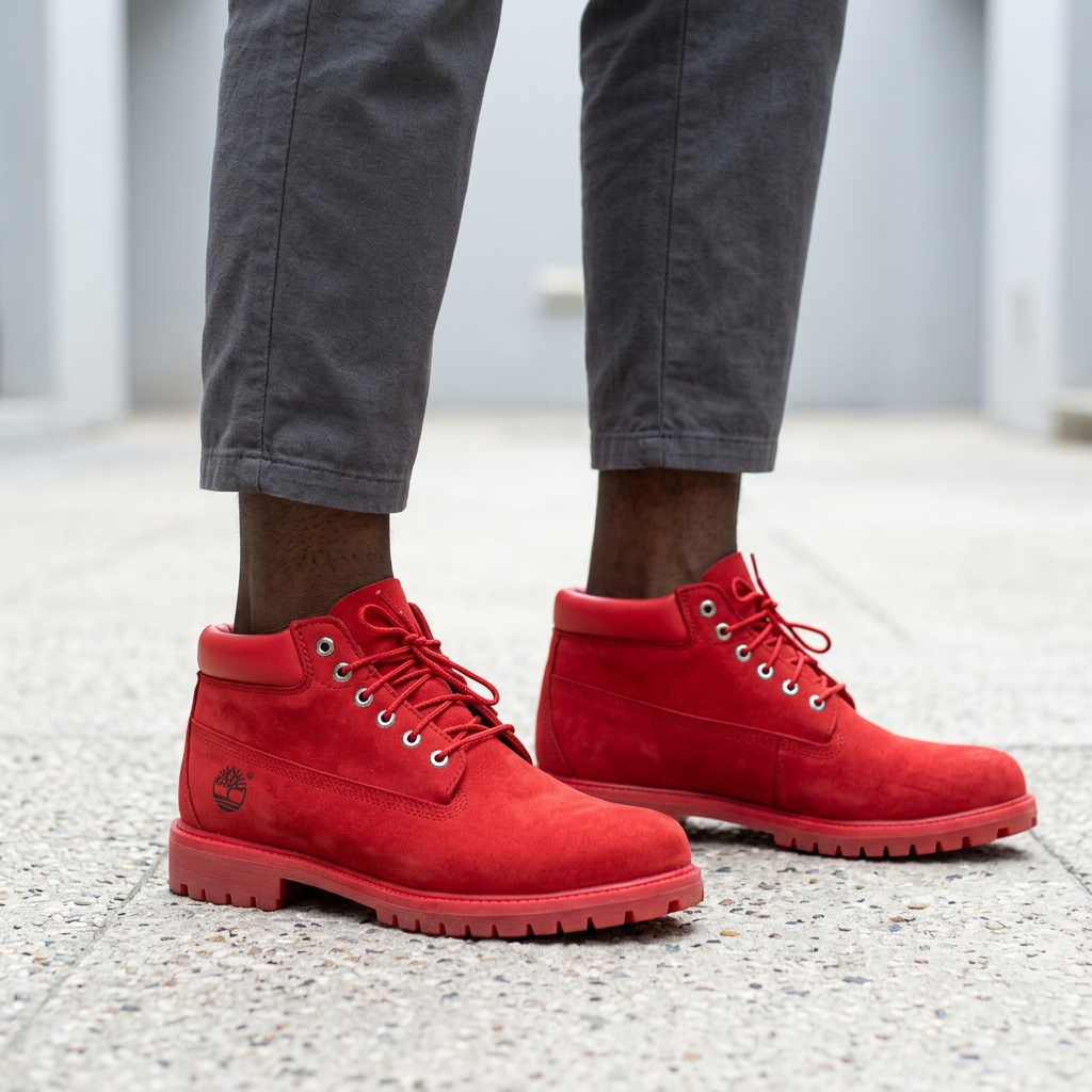 Generated model view of red lace-up footwear