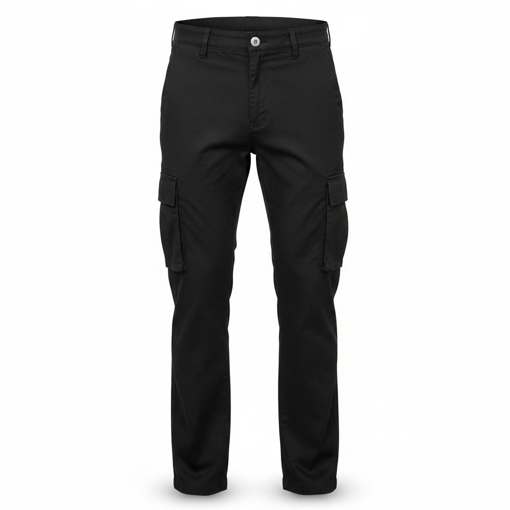 Men's black multi-pocket straight-leg cargo pants ghost mannequin front view