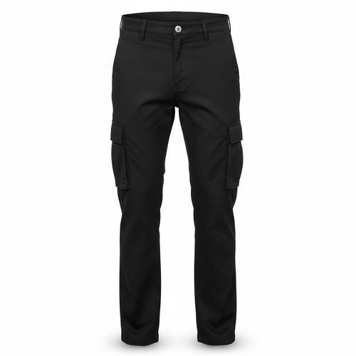 Men's black multi-pocket straight-leg cargo pants ghost mannequin front view