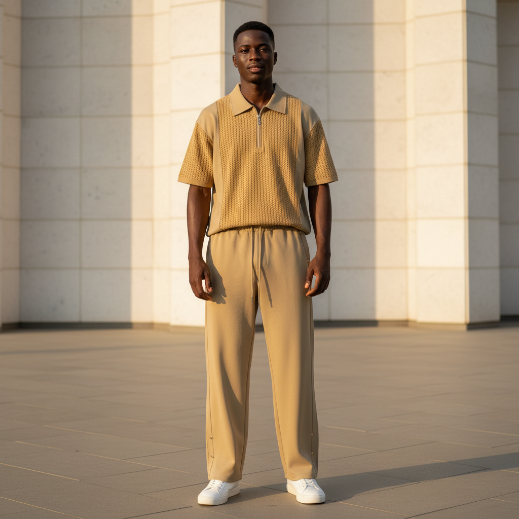 Male model wearing sand khaki open-knit polo and trouser two-piece set