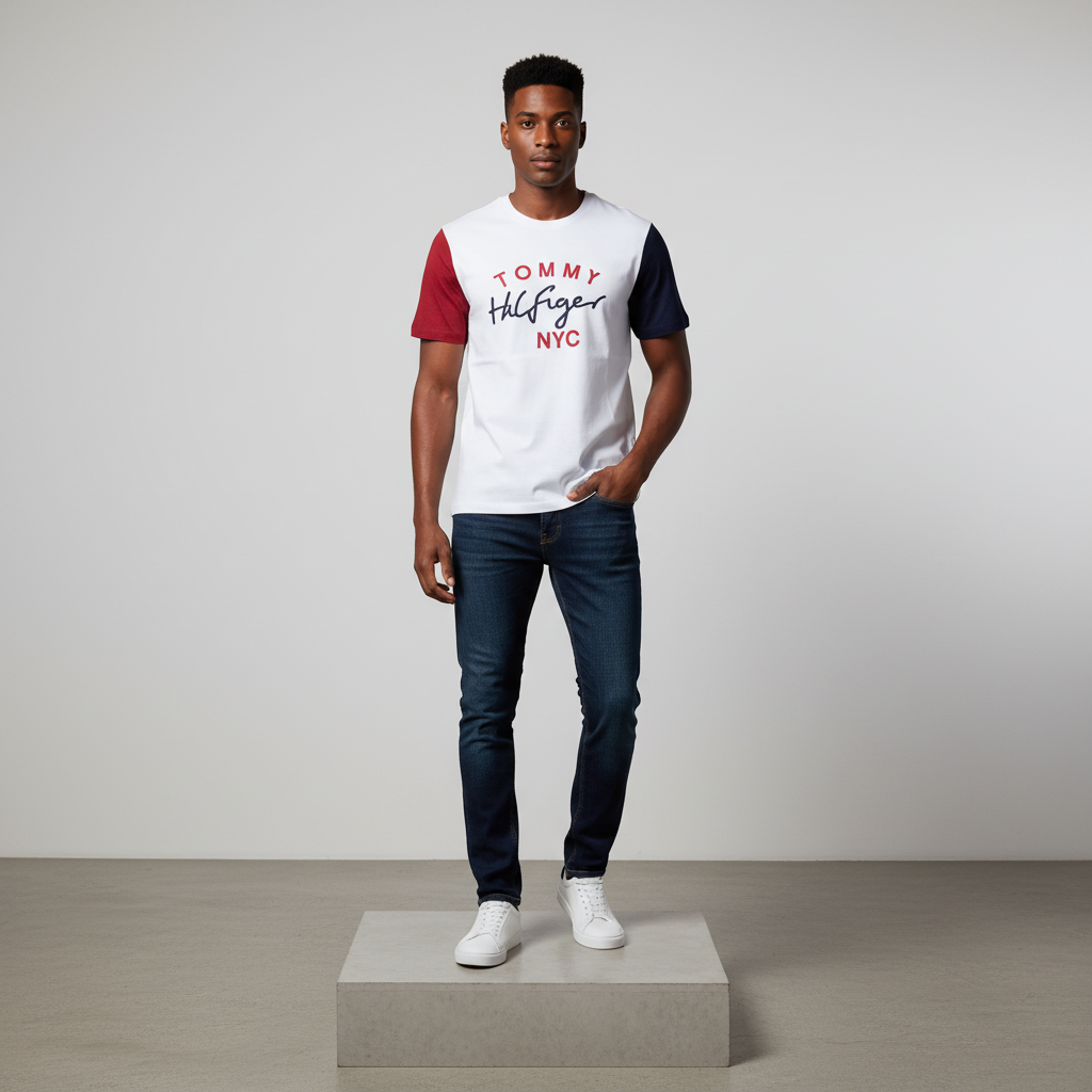 Nigerian male model wearing white colourblock short-sleeved shirt with red and navy sleeves, front view