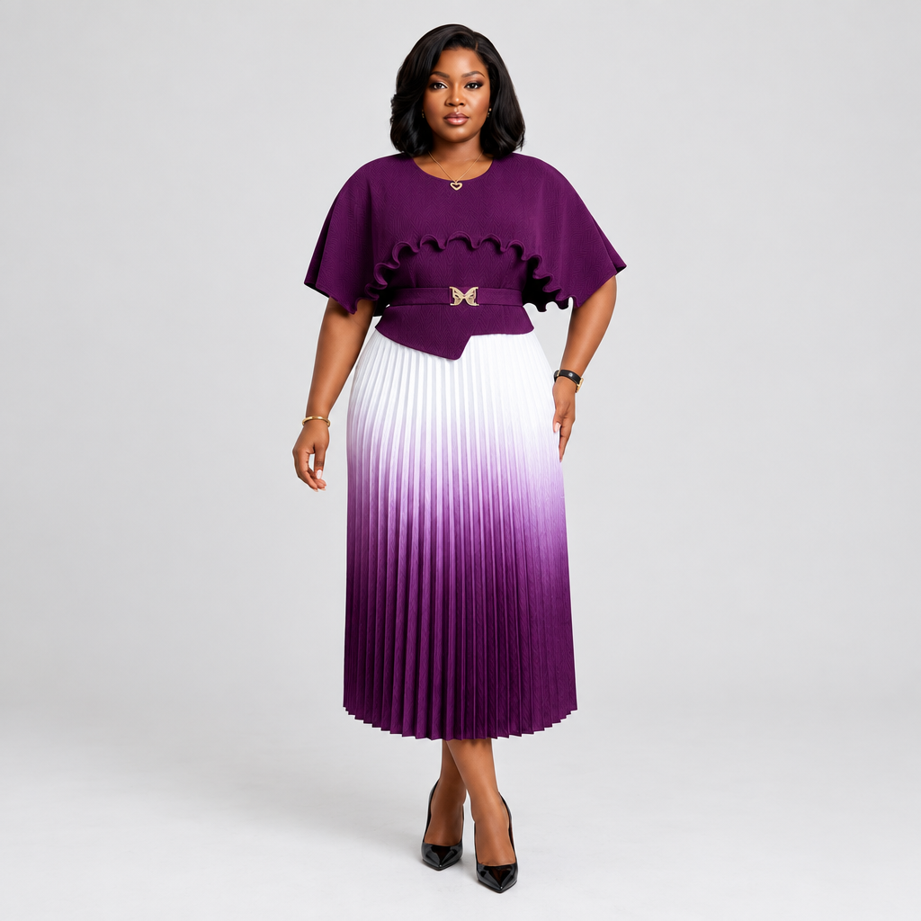 Black woman wearing purple cape-sleeve gown with pleated ombre skirt