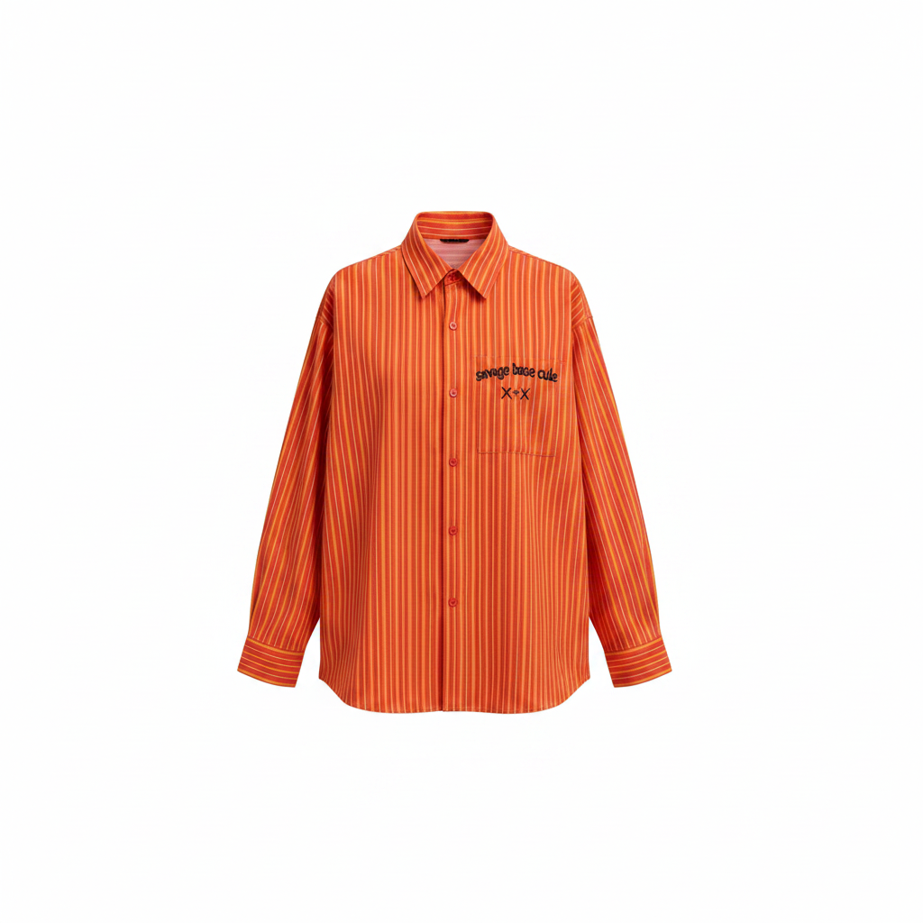 Men's orange striped oversized embroidered long-sleeve shirt – ghost mannequin front view