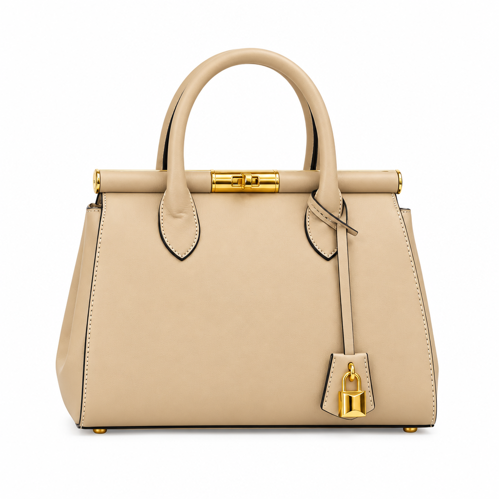 Beige top-handle handbag with gold-tone clasp and hanging padlock