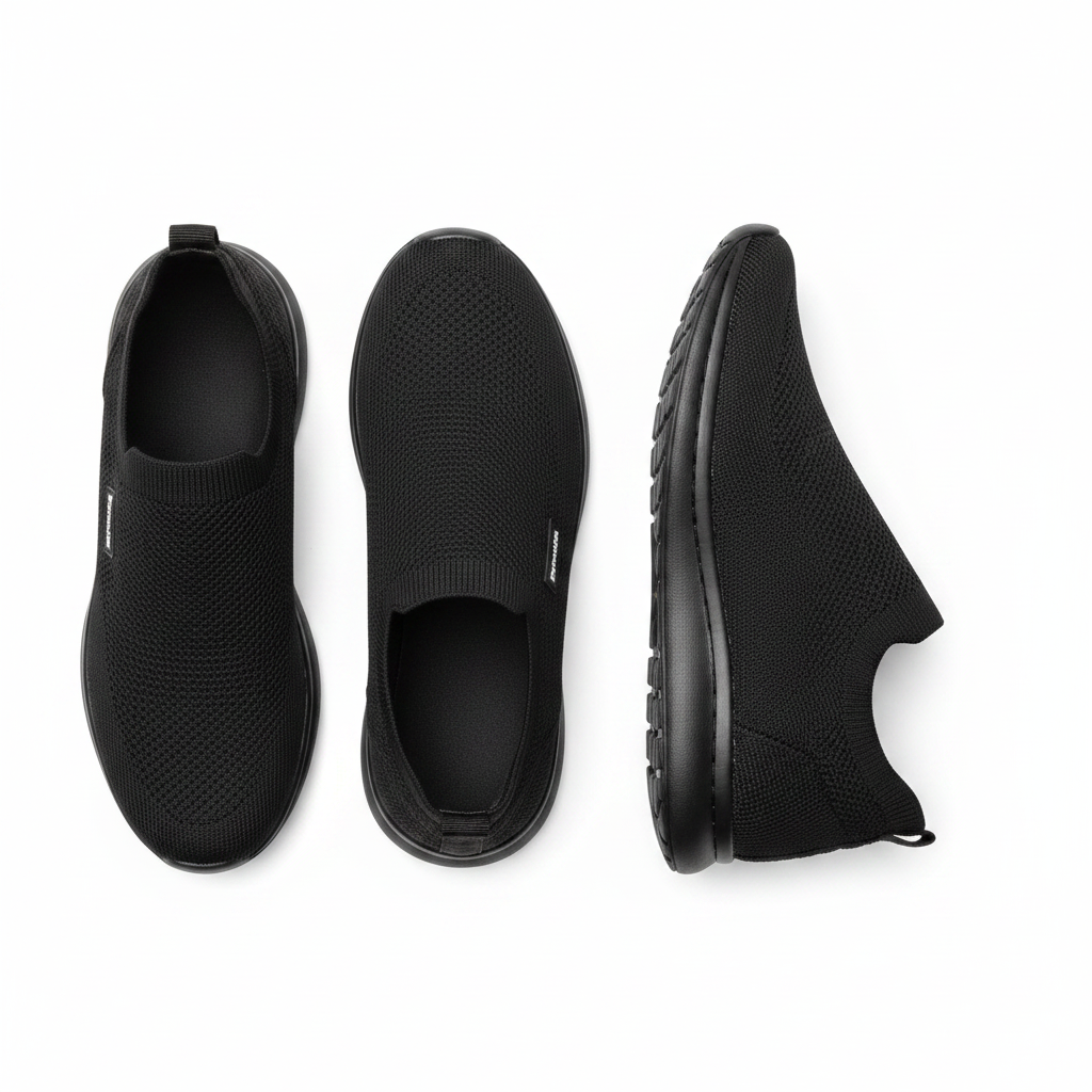 Men's all-black knit slip-on sneaker ghost mannequin front and side view pair