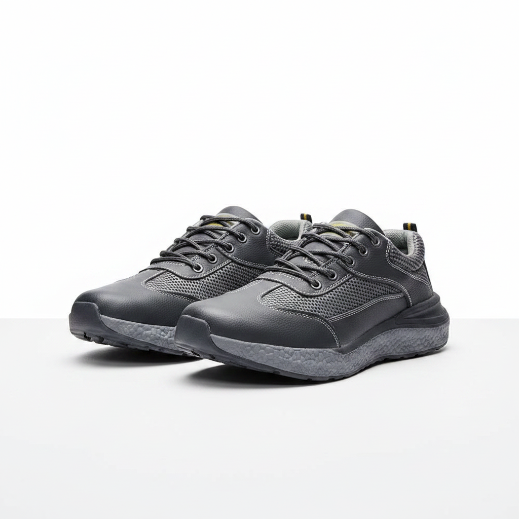 Men's charcoal leather and mesh lace-up trail sneakers pair product shot