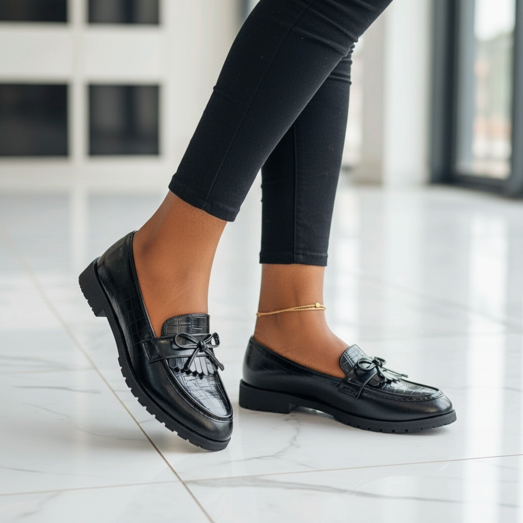 Layinka Store Black Croc Patent Tassel-Bow Loafers – Model Shot