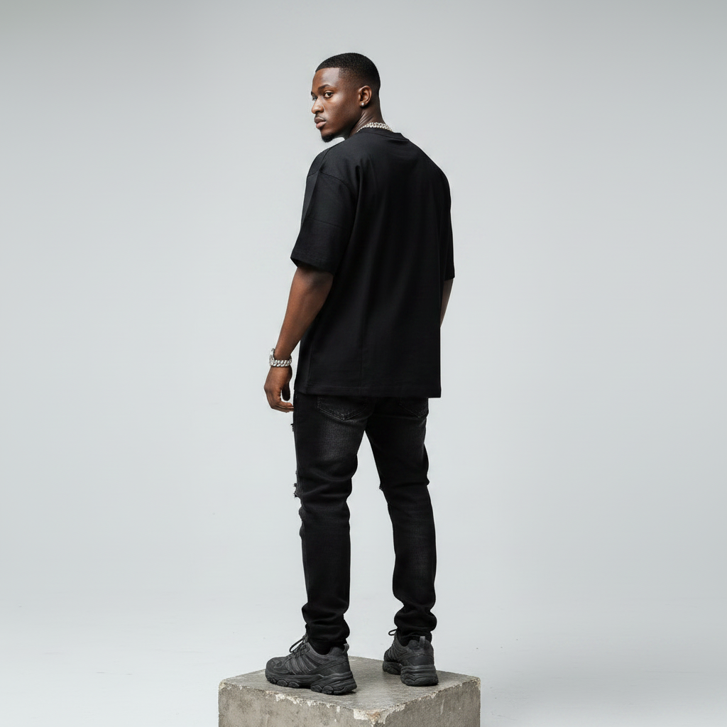 Black Rhinestone Cross Oversized Tee - Male Model Back