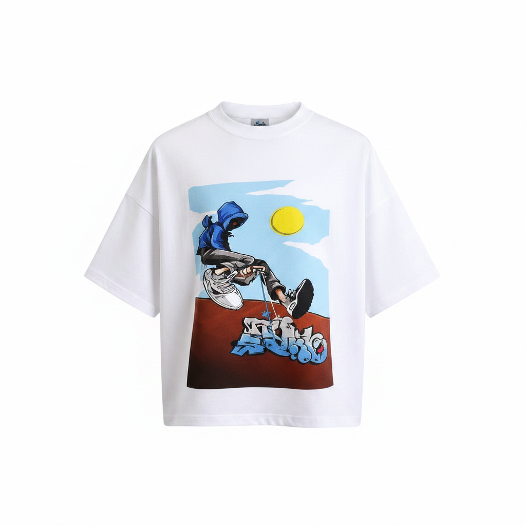Men's White Cropped Oversized Skater Graphic T-Shirt – Ghost Mannequin Front View