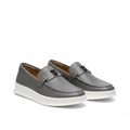 Men's grey pebbled leather slip-on loafers with black buckle pair product shot